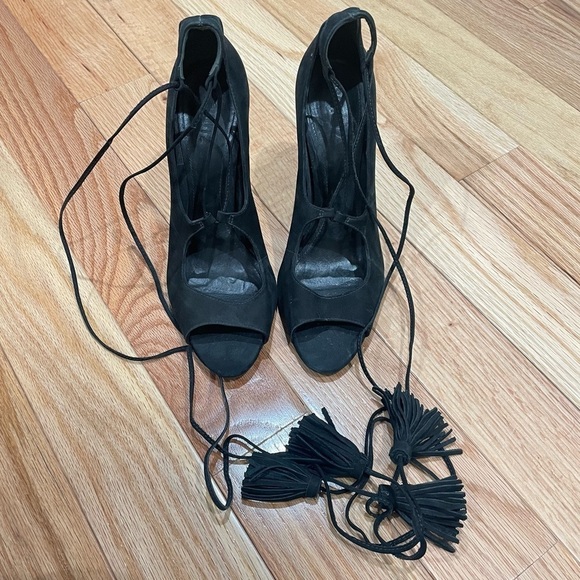 SCHUTZ Black Suede Lace Up Tassel Ankle Wrap Open Toe High Heel Yassu Sandals 10 - Picture 4 of 9